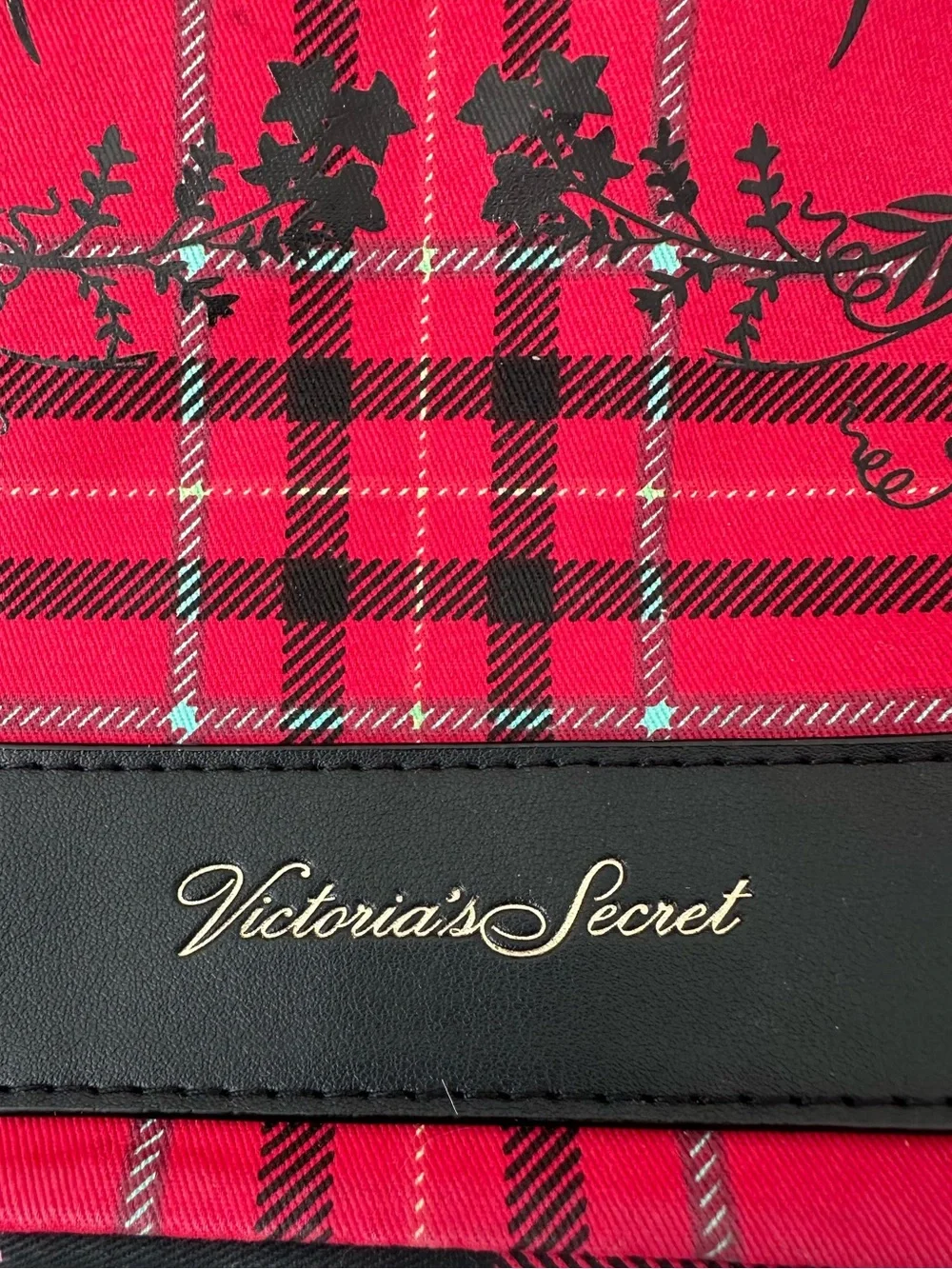 Victoria's Secret Red and Black Plaid Tote with Floral Accent